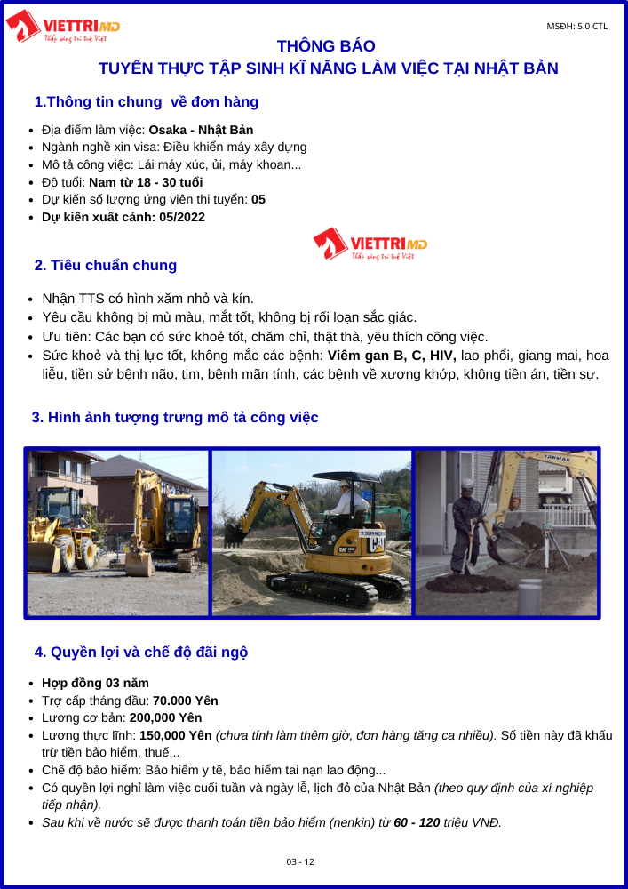 Đi Nhật làm đơn hàng lái máy xây dựng
