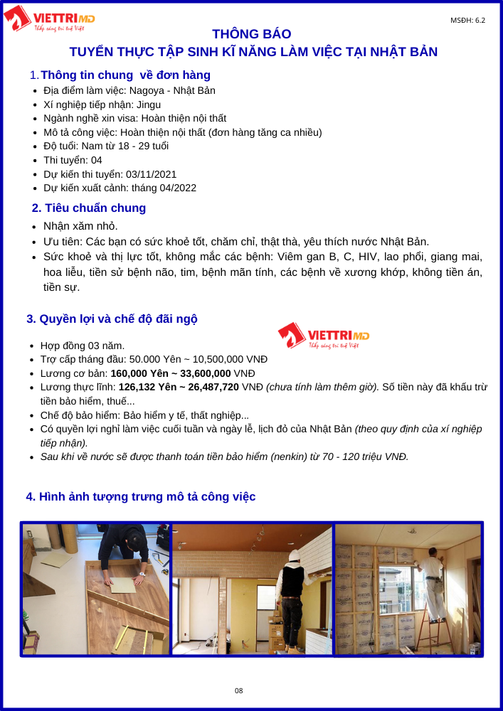 Đơn hàng đi Nhật làm hoàn thiện nội thất